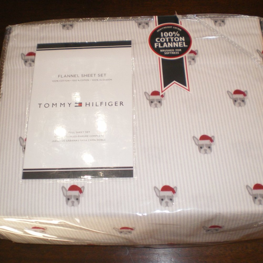NIP TOMMY HILFIGER FLANNEL SHEETS W/FRENCH BULLDOGS & GRAY STIRPES FULL/DOUBLE